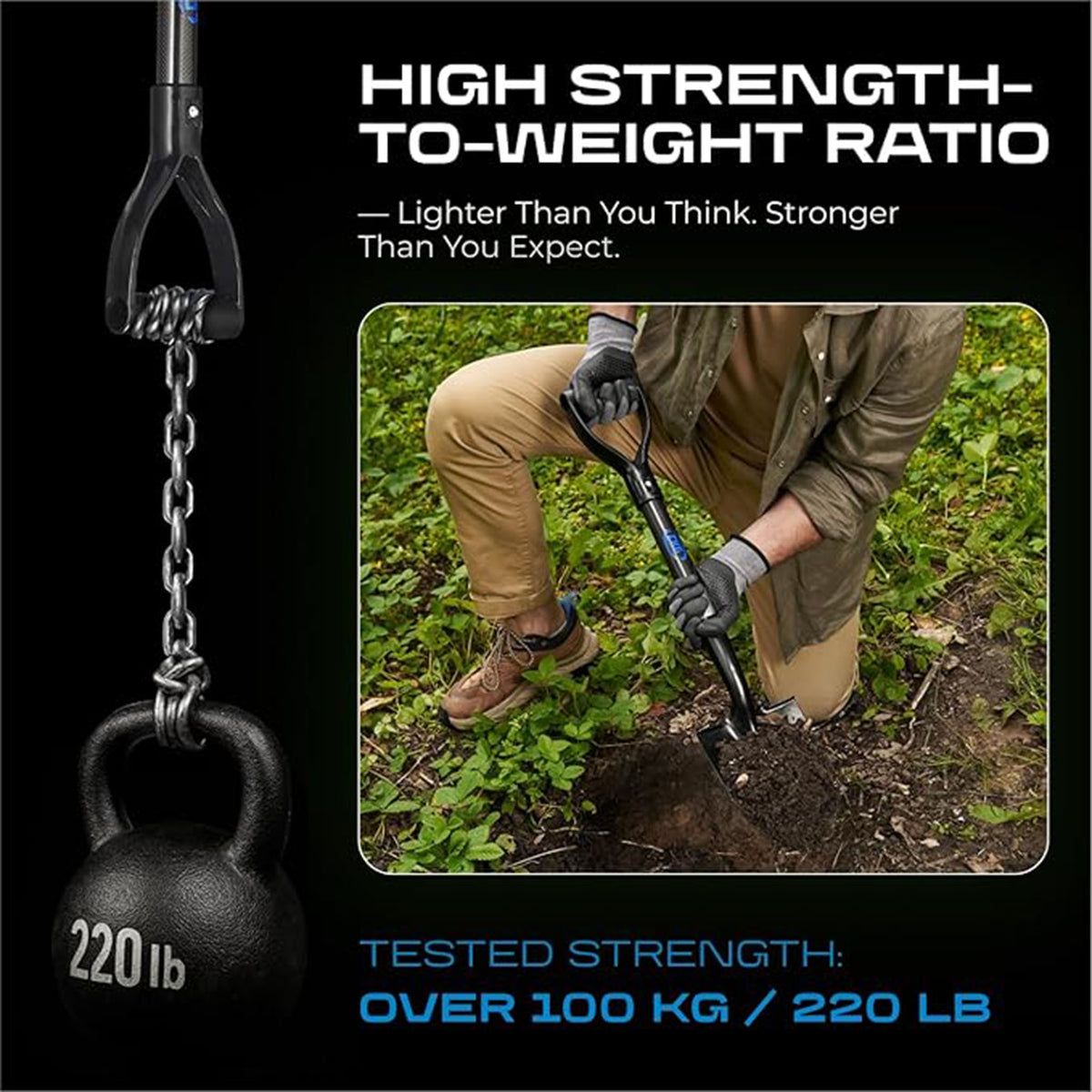 Promotional graphic for a kettlebell hang-and-pull fitness product. On the left, a black kettlebell labeled 220 lb hangs from a black metal chain attached to a handle.