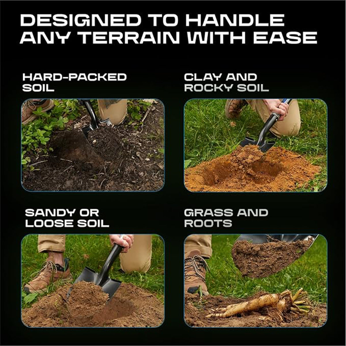 A promotional graphic with the headline 'DESIGNED TO HANDLE ANY TERRAIN WITH EASE' and four panels showing a person using a shovel to dig in different soil types: hard-packed soil, clay and rocky soil, sandy or loose soil, and grass and roots.