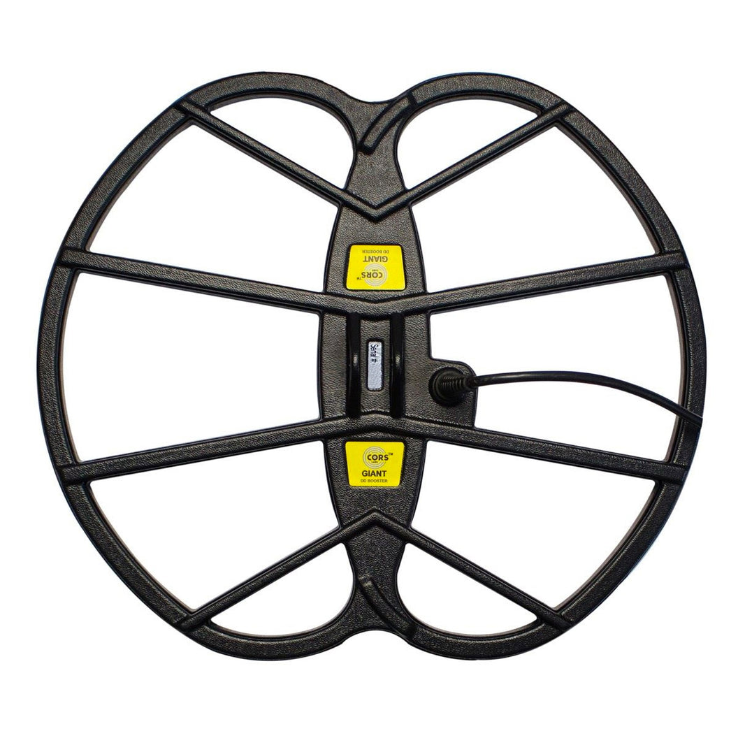 Black metal detecting cors Giant coil with yellow labels on a white background