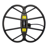 Black metal detecting cors Giant coil with yellow labels on a white background
