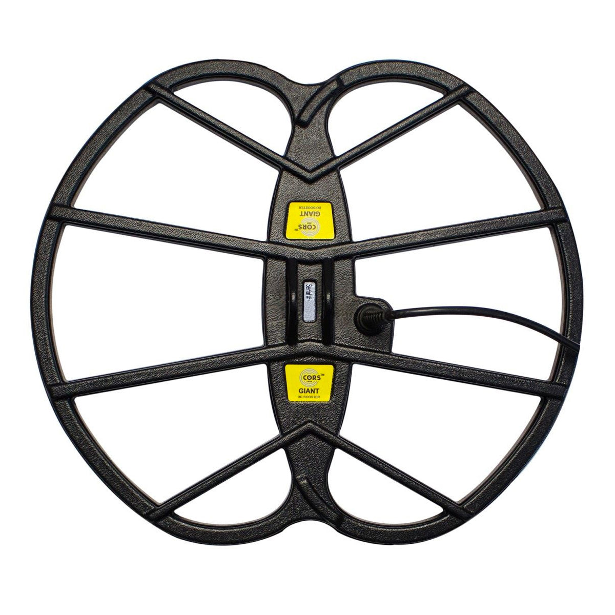 Black metal detecting cors Giant coil with yellow labels on a white background