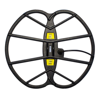 Black metal detecting cors Giant coil with yellow labels on a white background