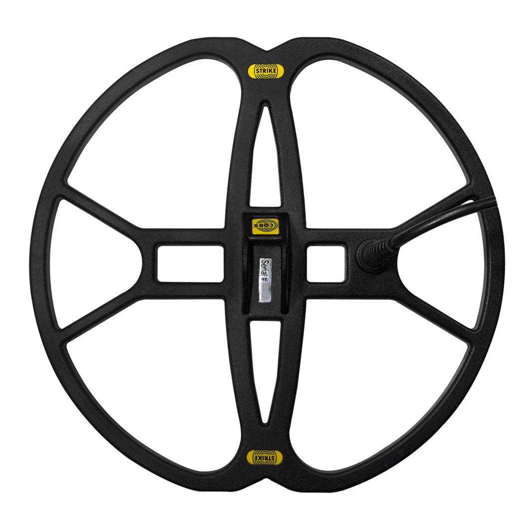 Black metal detector coil with visible branding on a white background