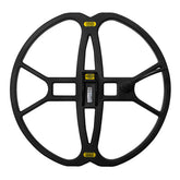 Black metal detector coil with visible branding on a white background