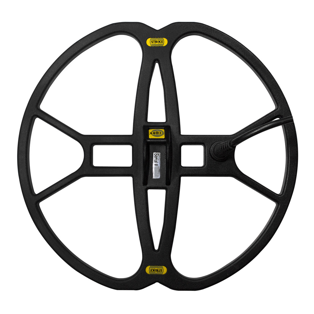 Black metal detector coil with visible branding on a white background