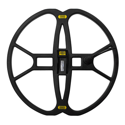 Black metal detector coil with visible branding on a white background