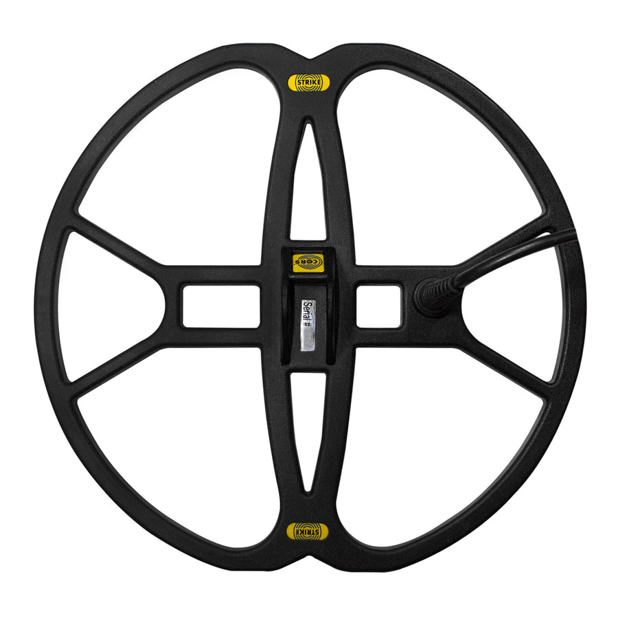 Black metal detector coil with visible branding on a white background