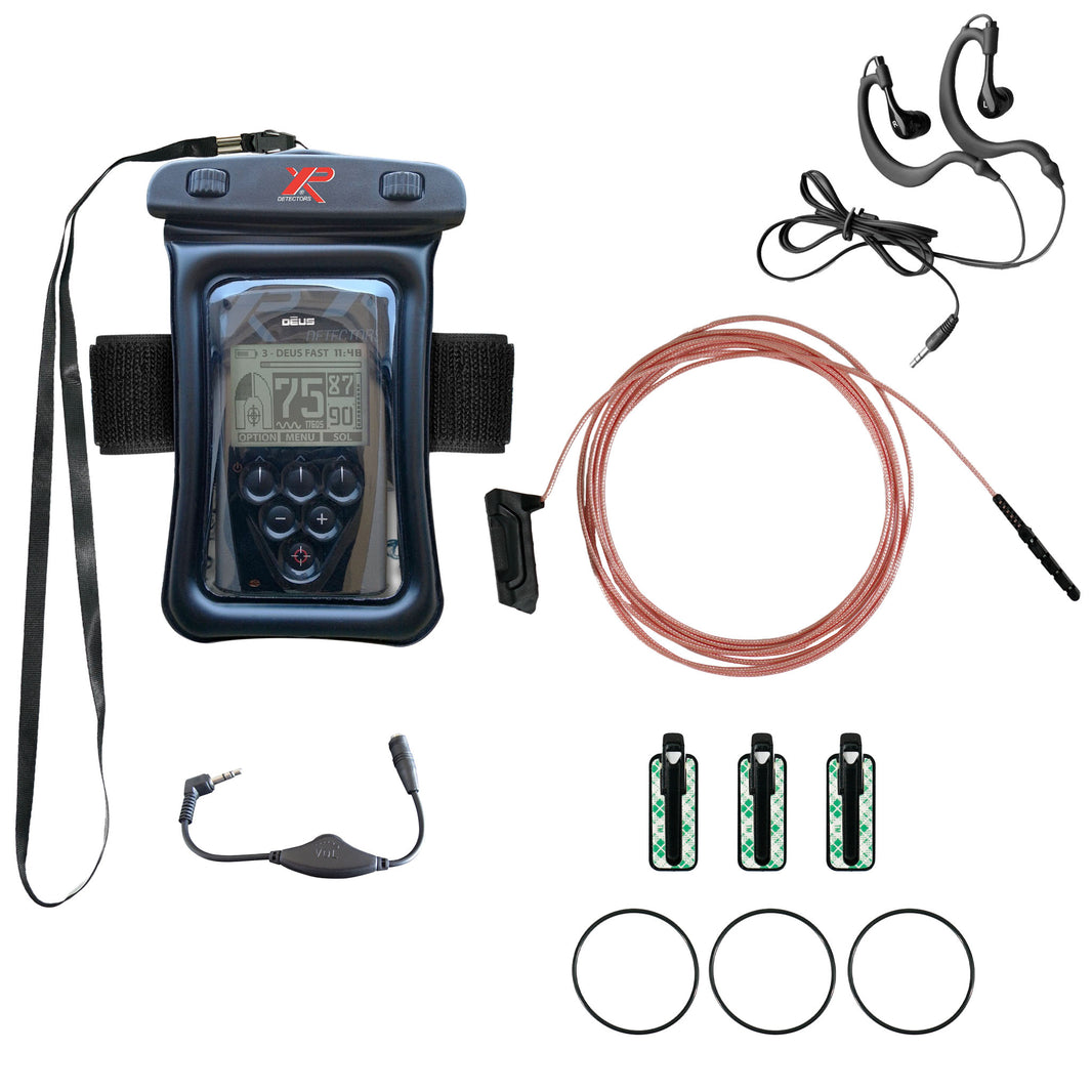 XP Deus certified underwater kit with waterproof armband case, aerial antenna, headphones, and mounting hardware
