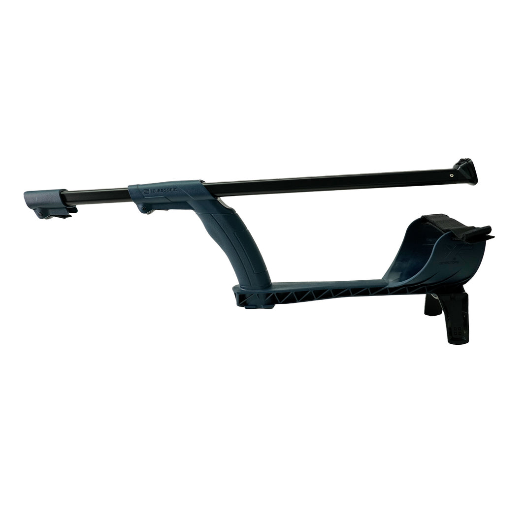 XP D044LITE-B shaft assembly without lower rod, showing black stem and a dark blue camlock, a footrest, and strap shown against a plain white background.