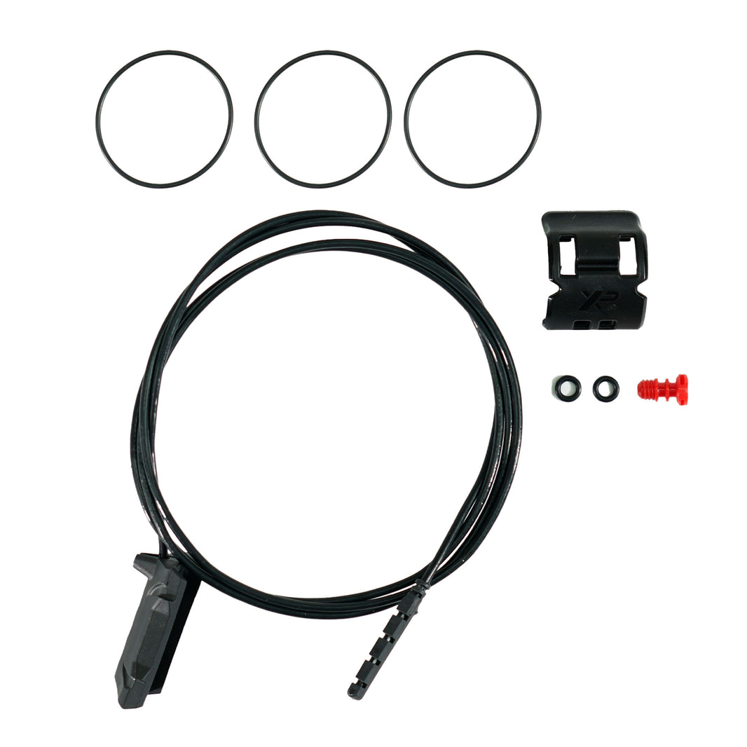 XP Wave Guide kit with 115cm antenna, elastic bands, plastic clip, red waterproof plug, and hook-and-loop tape for Deus II underwater detecting