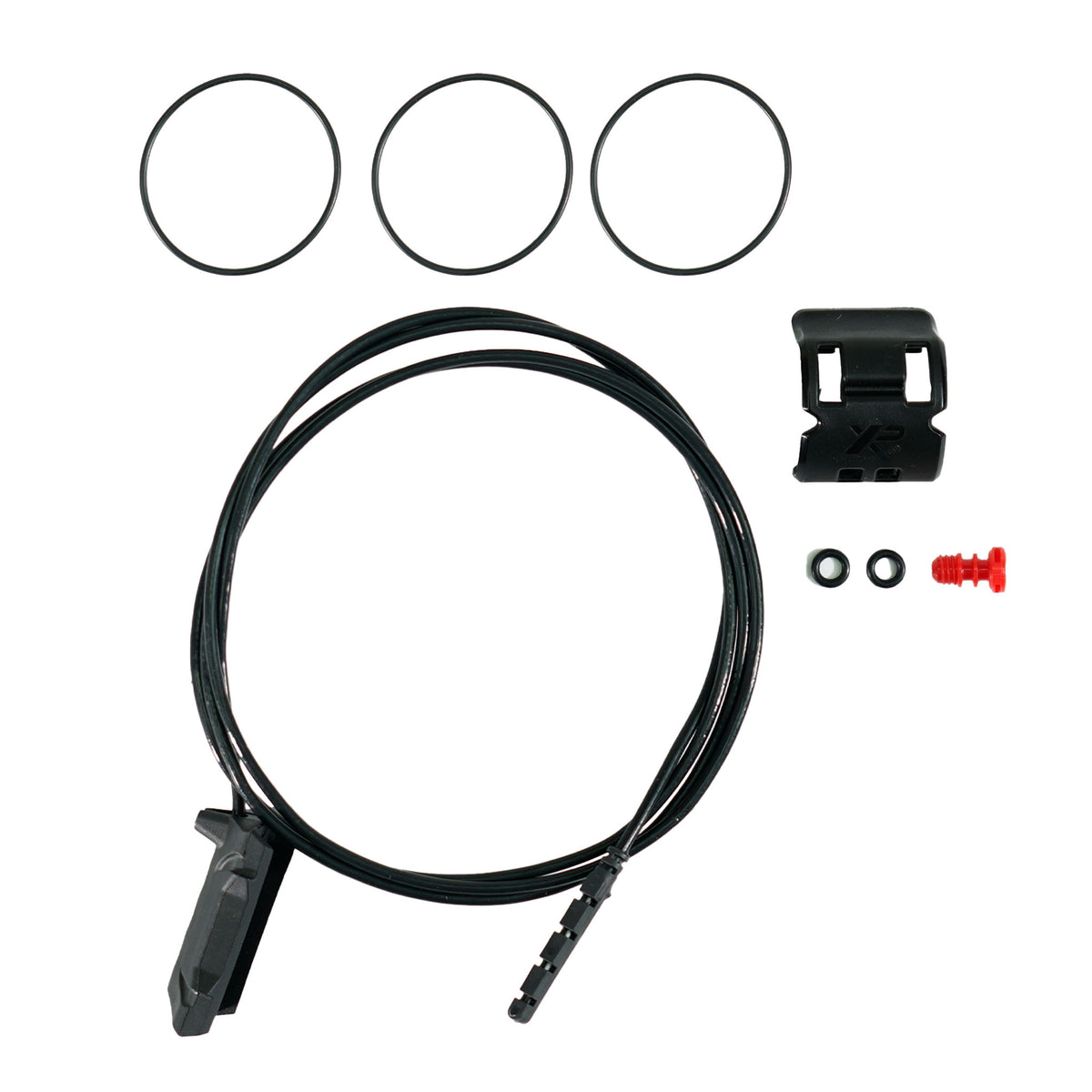XP Wave Guide kit with 115cm antenna, elastic bands, plastic clip, red waterproof plug, and hook-and-loop tape for Deus II underwater detecting