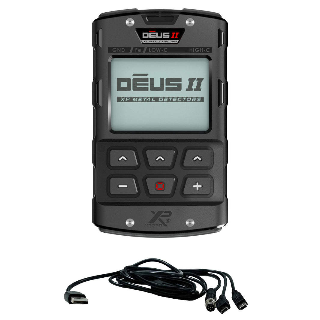 XP Deus II back-lit LCD remote control with keypad, clip mount, and waterproof connector port