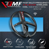 A black and dark gray XP Metal Detector coil with red and white branding, shown against a dark textured background with promotional text and feature icons for 4-45 KHz wireless, waterproof, and lightweight.