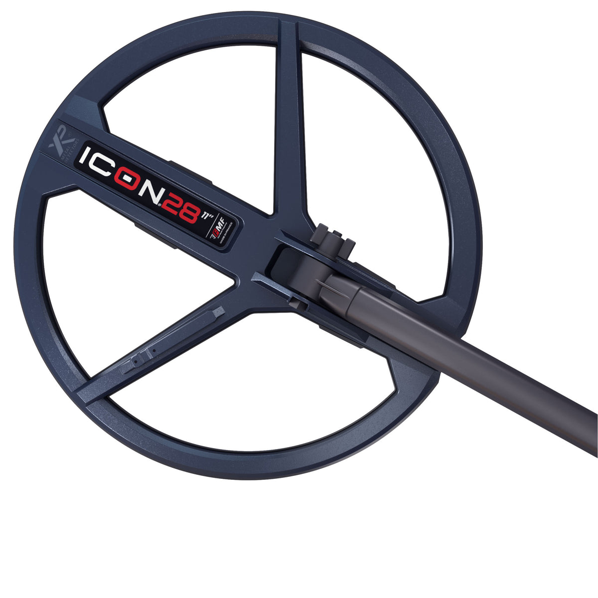 Metal detector coil with 'ICON 28' branding on a white background