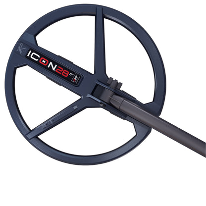 Metal detector coil with 'ICON 28' branding on a white background