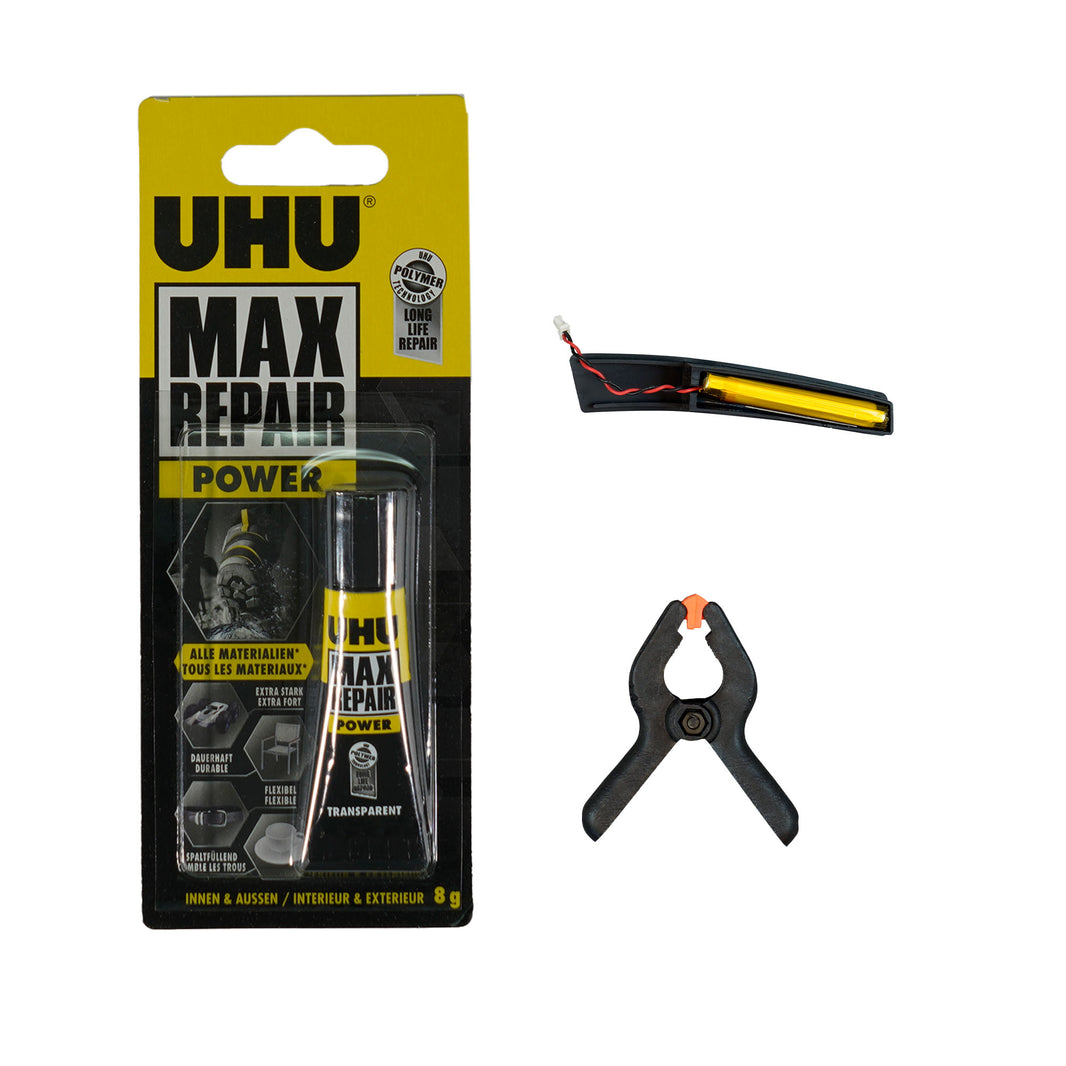 XP coil battery replacement kit with Max Repair sealant tube, clamp hardware, and yellow-black battery connector for D01, D28, X35, and FMF coils