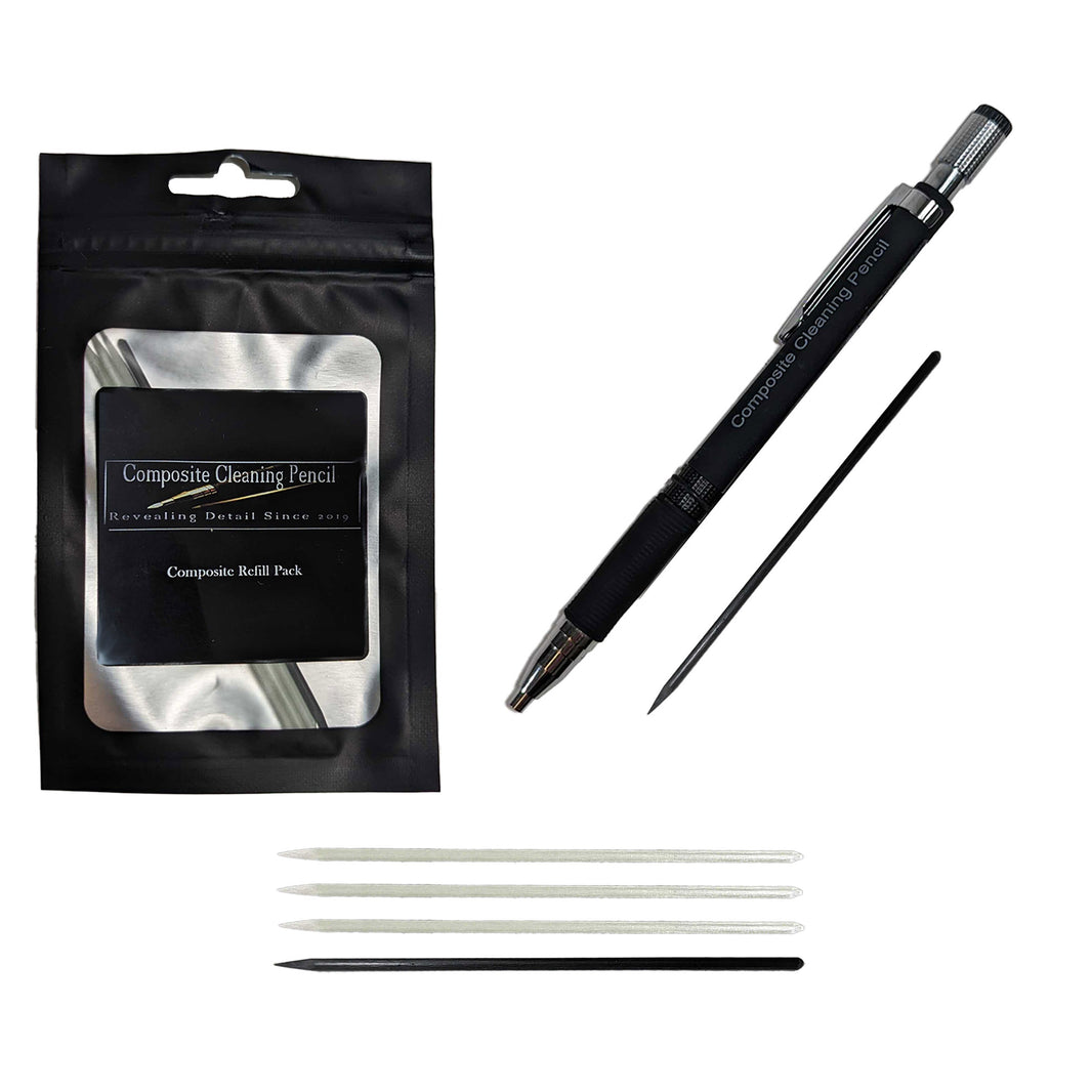 Composite Cleaning Pencil with Refills - black pencil with four white refills and two black