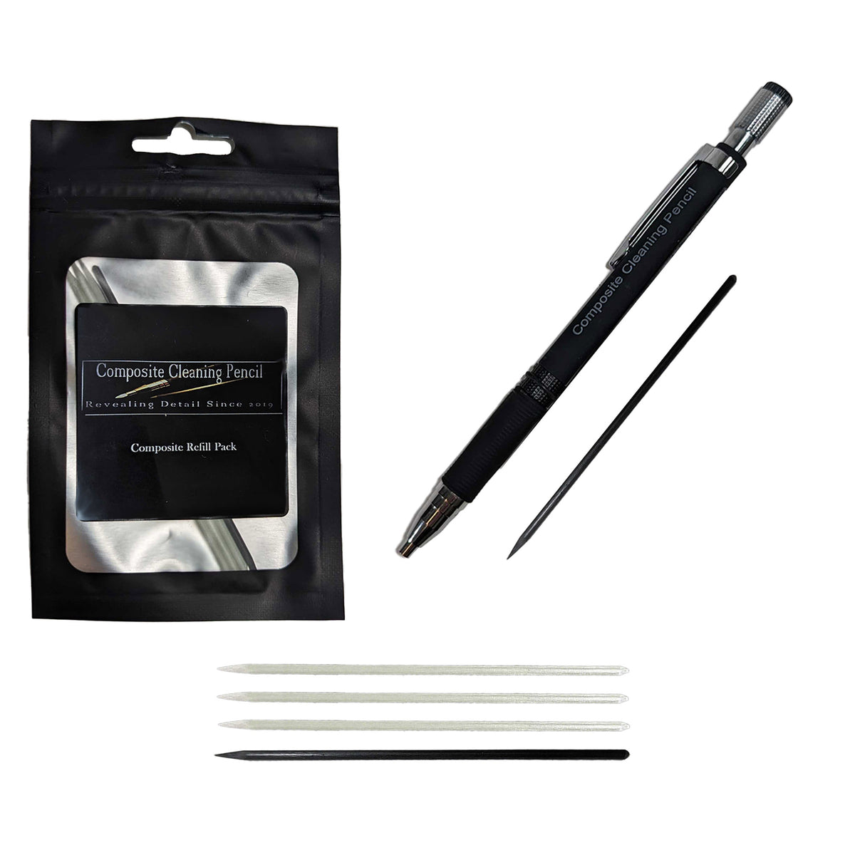 Composite Cleaning Pencil with Refills - black pencil with four white refills and two black
