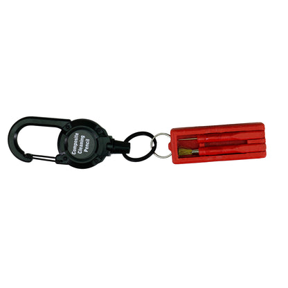 Red cleaning pencil with retractable carabiner in extended position