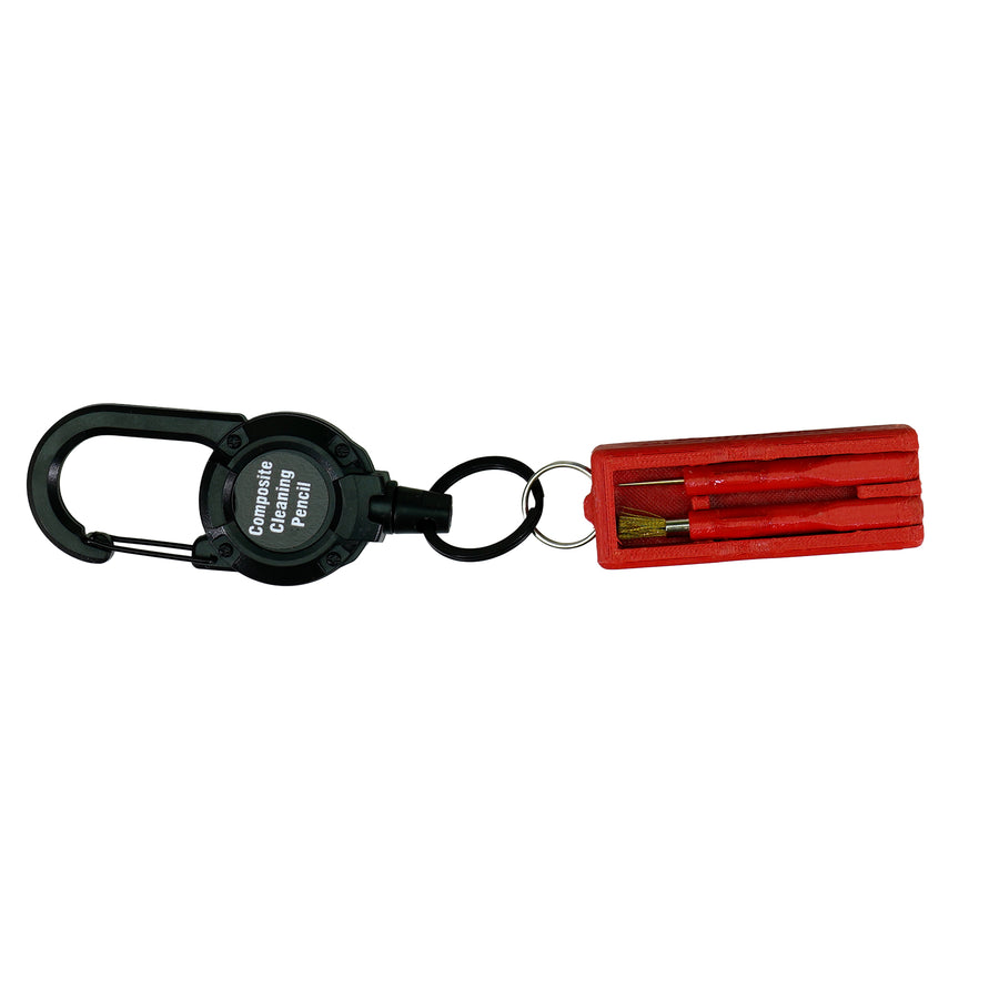 Red cleaning pencil with retractable carabiner in extended position