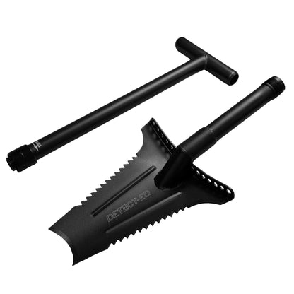 The two-piece version of the Detect-Ed Stealth Shovel with a T handle and dual  serrated edges, is shown disassembled for easy travel and storage. 