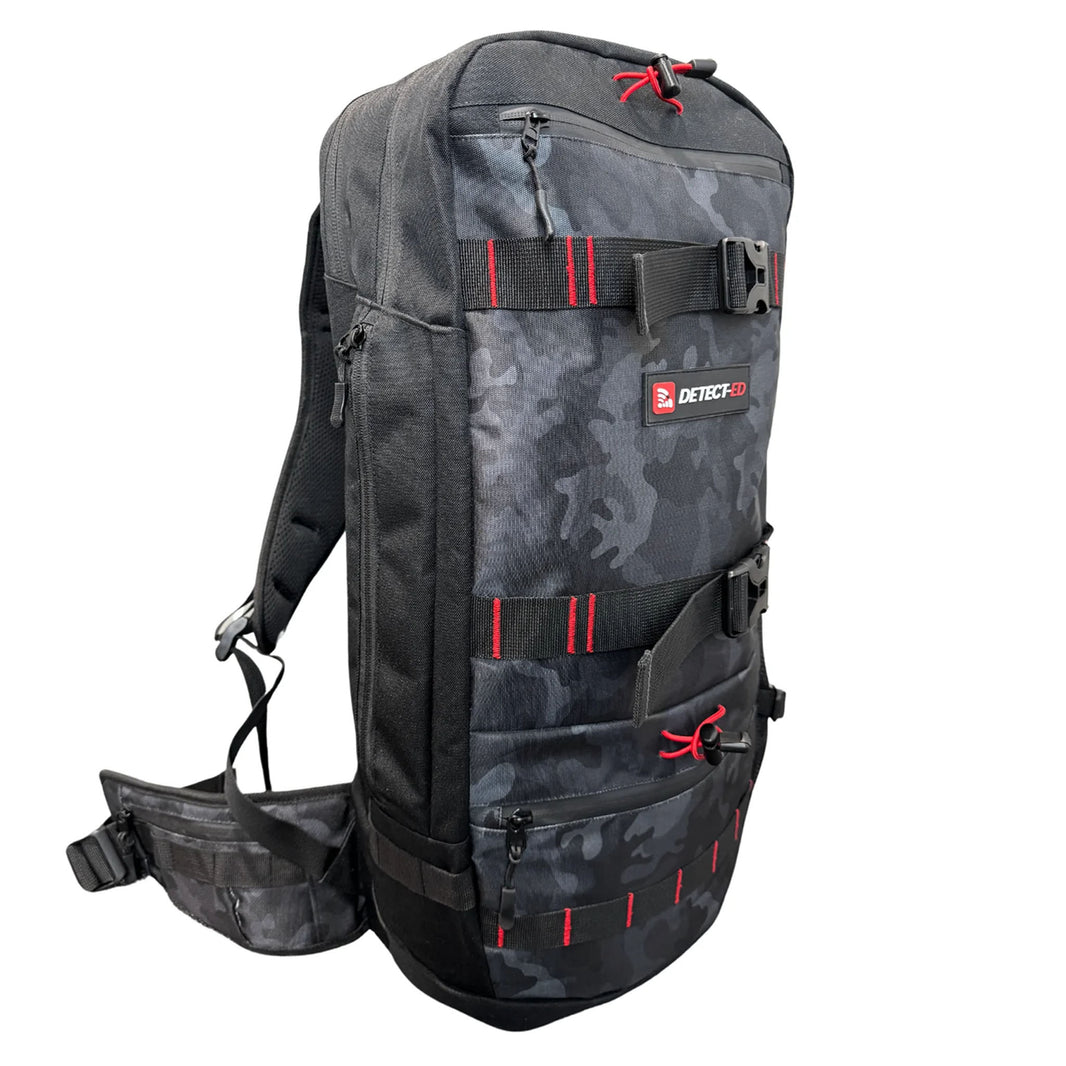 Detect-Ed 300X metal detector backpack with red adjustment straps and padded shoulder harness
