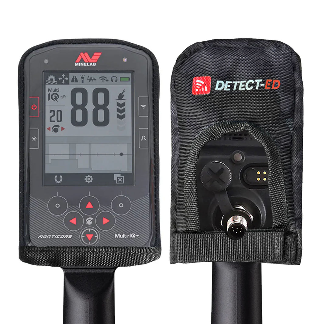 Detect-Ed black canvas control box cover with clear screen panel fitted to a Minelab Manticore