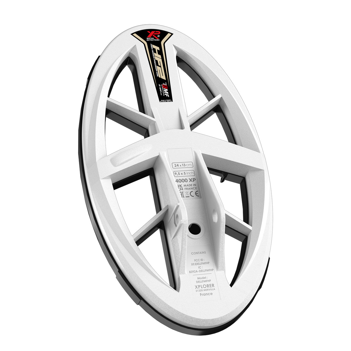 A silhouette of the XP Deus II Elliptical 9.5” x 5” HF2 FMF High Power Precision Coil in white with a black skidplate. 