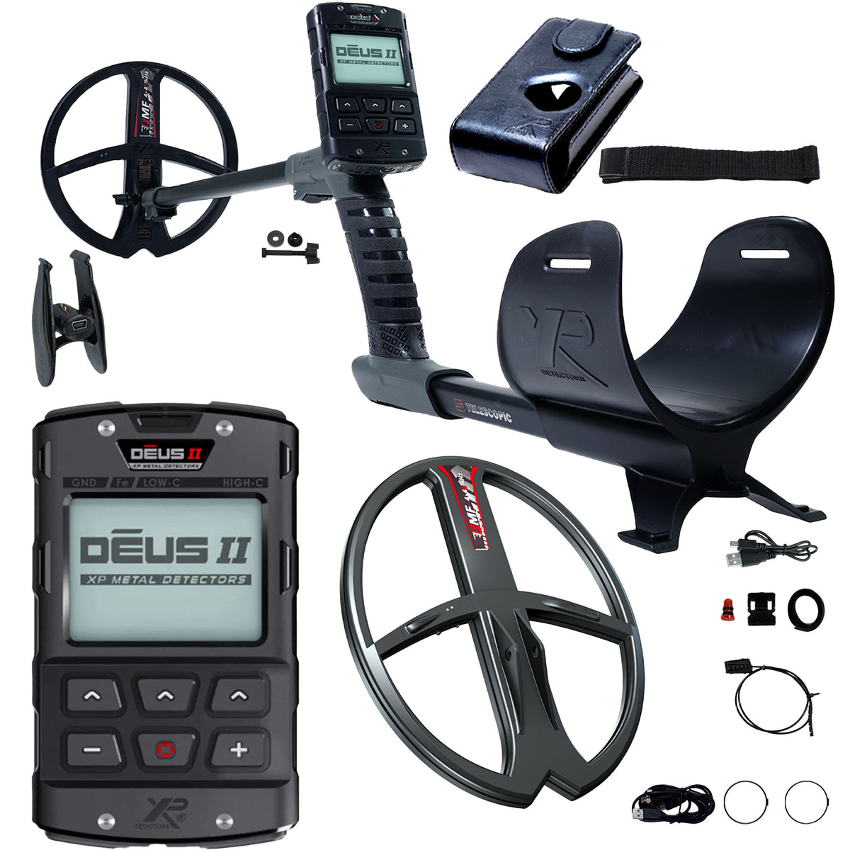 XP Deus II metal detector bundle with remote control, 9 inch and 13x11 inch FMF search coils