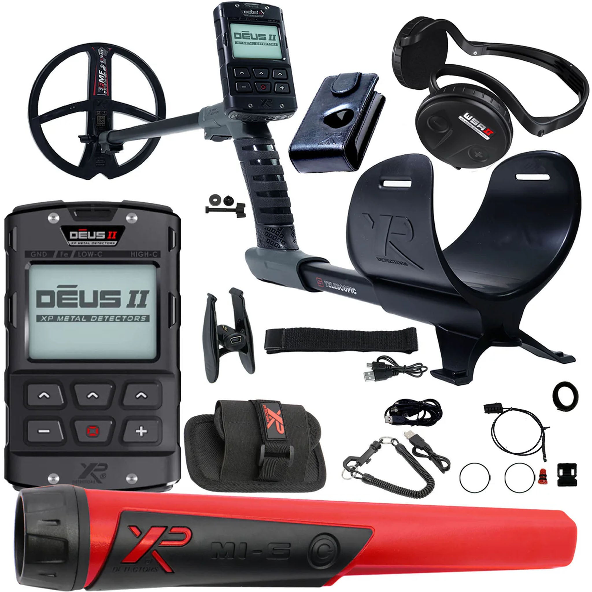 XP DEUS II Fast Multi Frequency RC Metal Detector with 9" FMF Search Coil, MI-6 Pinpointer, AND WSA II Headphones