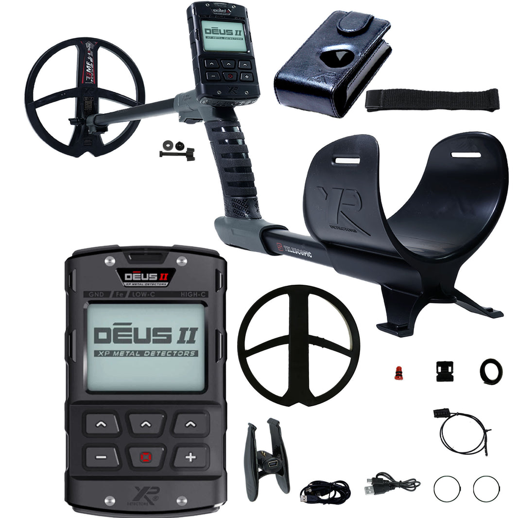 XP Deus II metal detector with 9-inch FMF coil, wireless remote control, and S-telescopic stem on white background