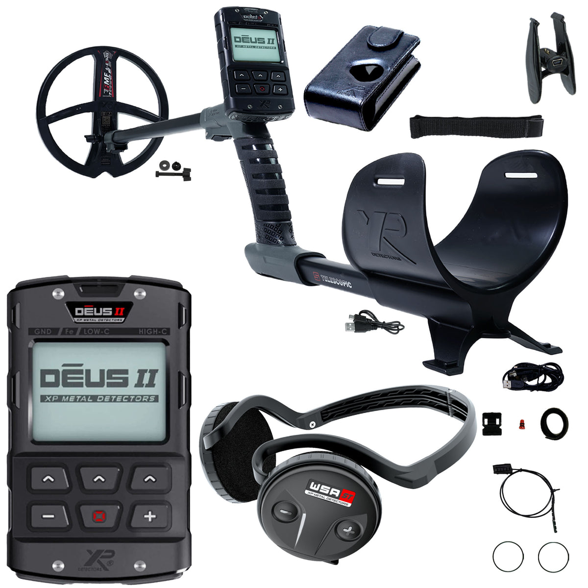 XP Deus II metal detector with WSA ST headphones and accessories