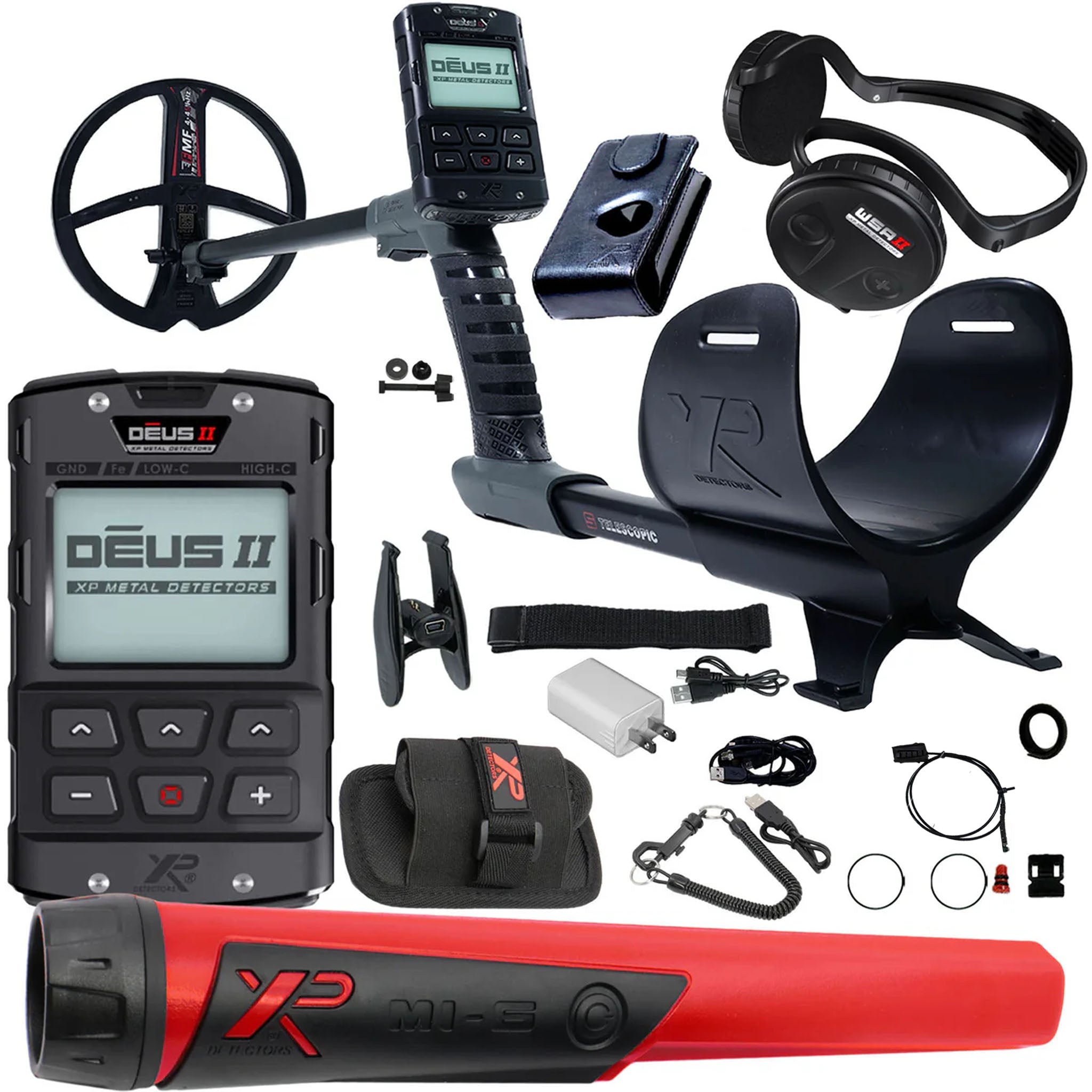 XP DEUS II Fast Multi Frequency RC Metal Detector with 9" FMF Search Coil, MI-6 Pinpointer, AND WSA II Headphones