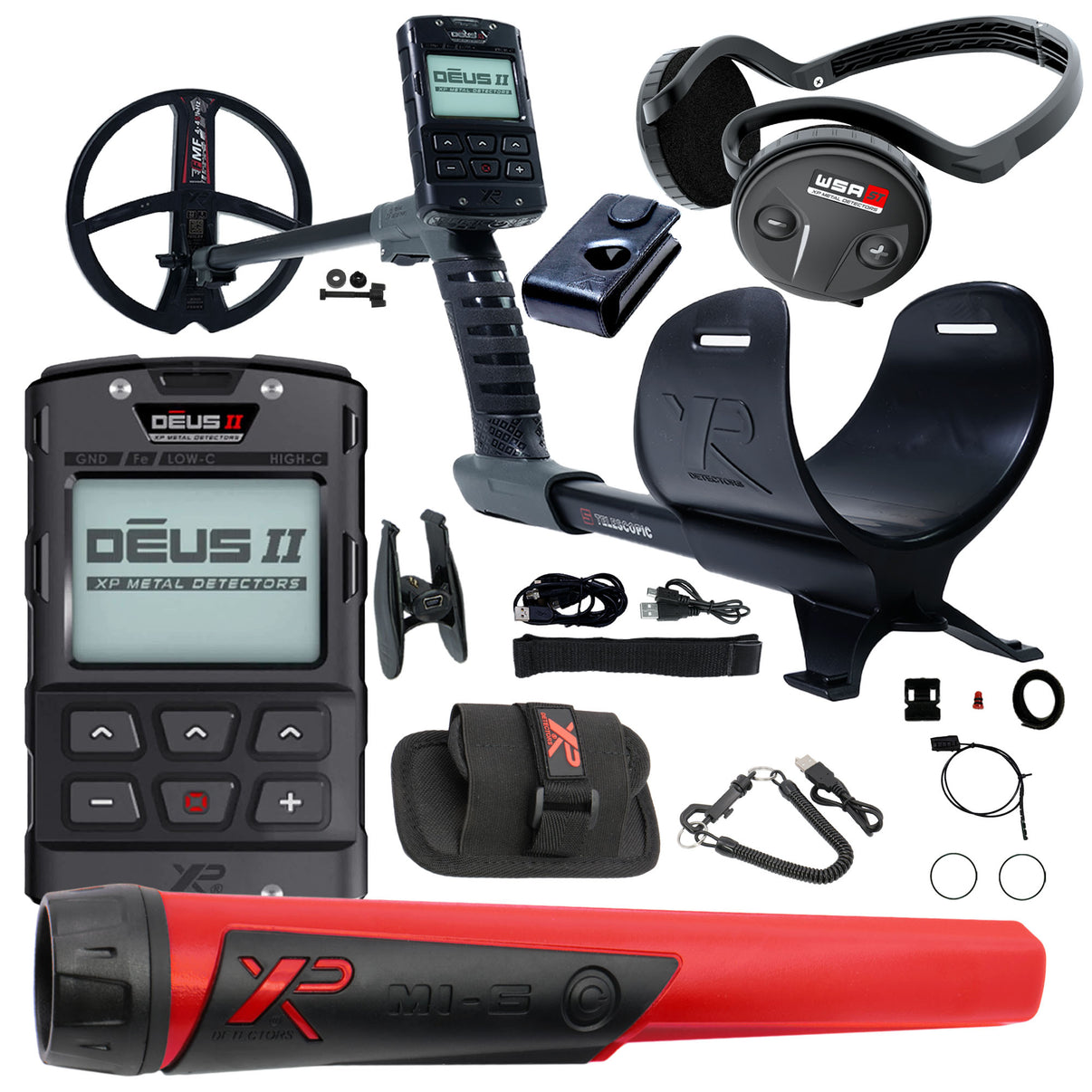 XP Metal Detector components including the Deus II unit, headphones, pinpointer, and accessories on a white background.