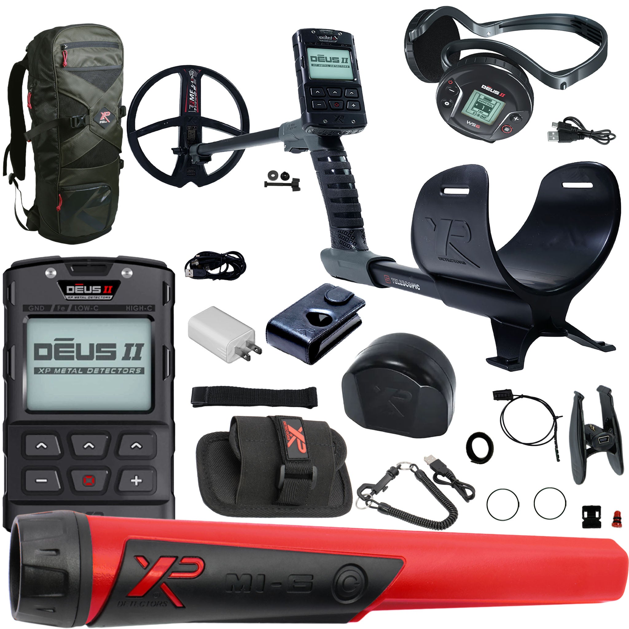 XP DEUS II Fast Multi Frequency RC + WS6 Metal Detector with 9" FMF Search Coil, Pinpointer, and Backpack