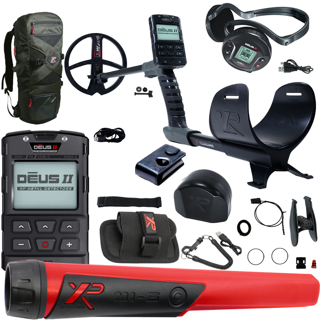 XP Deus II RC + WS6 package contents: 9 in FMF coil, remote, WS6 headphones, S-telescopic stem, armrest, MI-6 pinpointer and Backpack 240