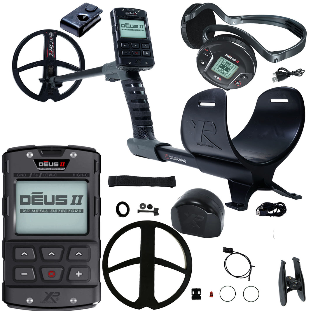 XP Deus II wireless multi-frequency metal detector with remote control, WS6 headphones, and 9-inch FMF coil on white background