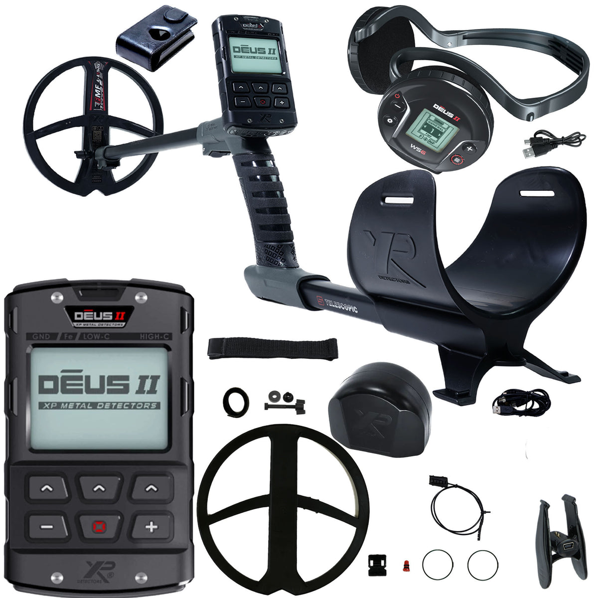 XP Deus II wireless multi-frequency metal detector with remote control, WS6 headphones, and 9-inch FMF coil on white background