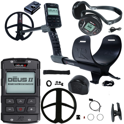 XP Deus II wireless multi-frequency metal detector with remote control, WS6 headphones, and 9-inch FMF coil on white background