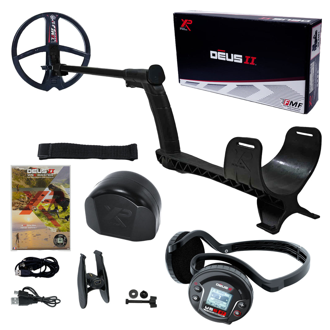 XP DEUS II WS6-ST Master metal detector with 9-inch FMF coil, wireless headphones, and telescopic rod