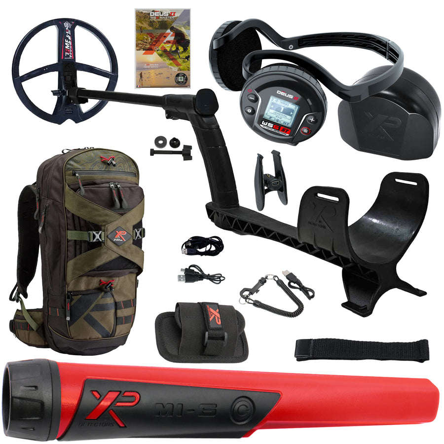 XP DEUS II with WS6 Stereo Headphones, backpack, MI-6 pinpointer, and metal detecting accessories
