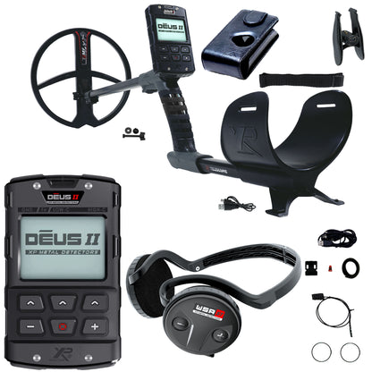 XP DEUS II Metal detector components including the main unit, WSA ST headphones, and accessories on a white background.