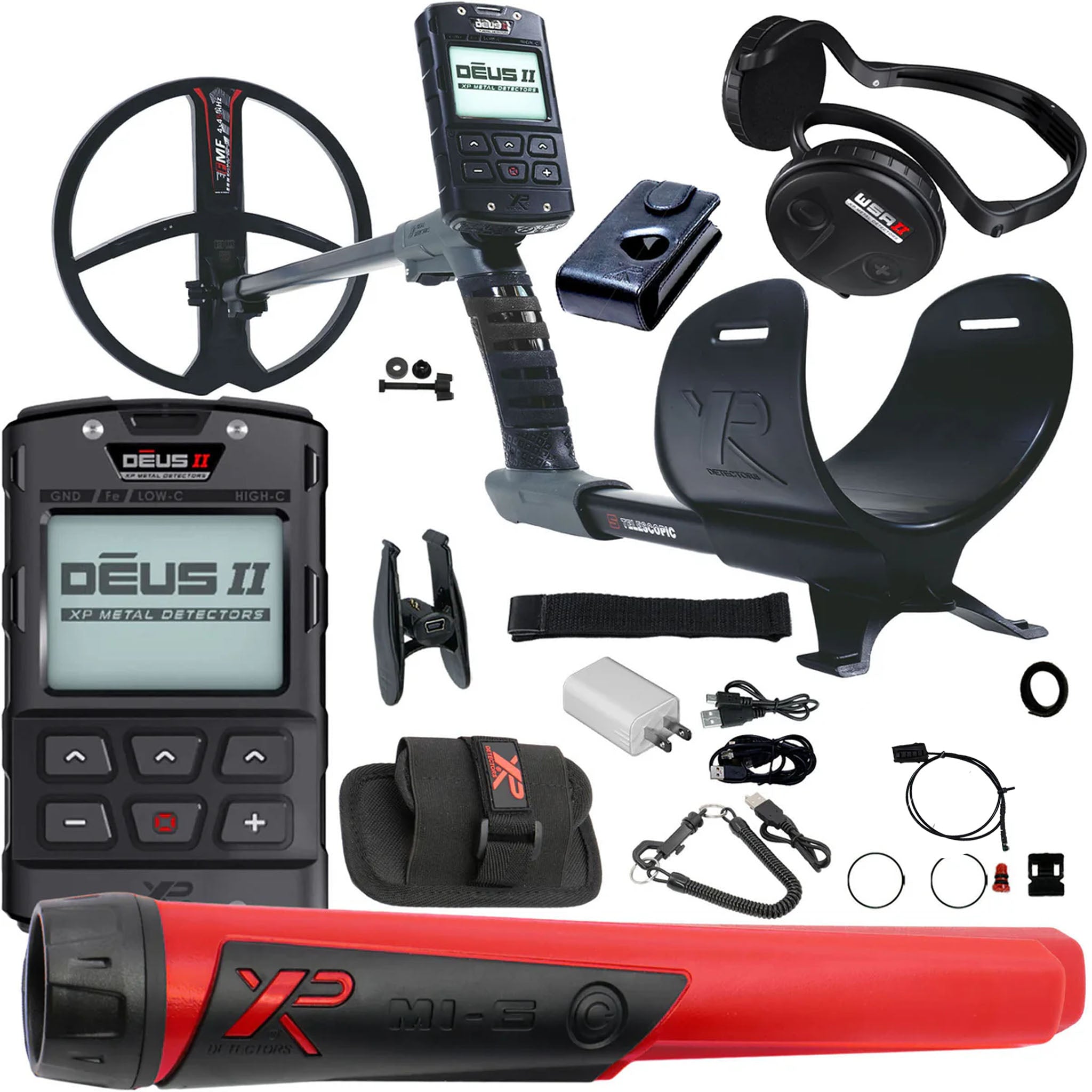 XP DEUS II Fast Multi Frequency RC Metal Detector with 11" FMF Search Coil, MI-6 Pinpointer, AND WSA II Headphones