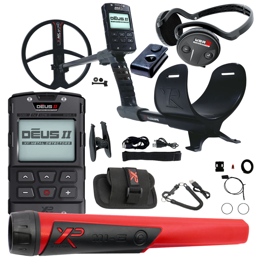 XP DEUS II Metal detector components including receiver, headphones, and MI-6 Pinpointer on a white background