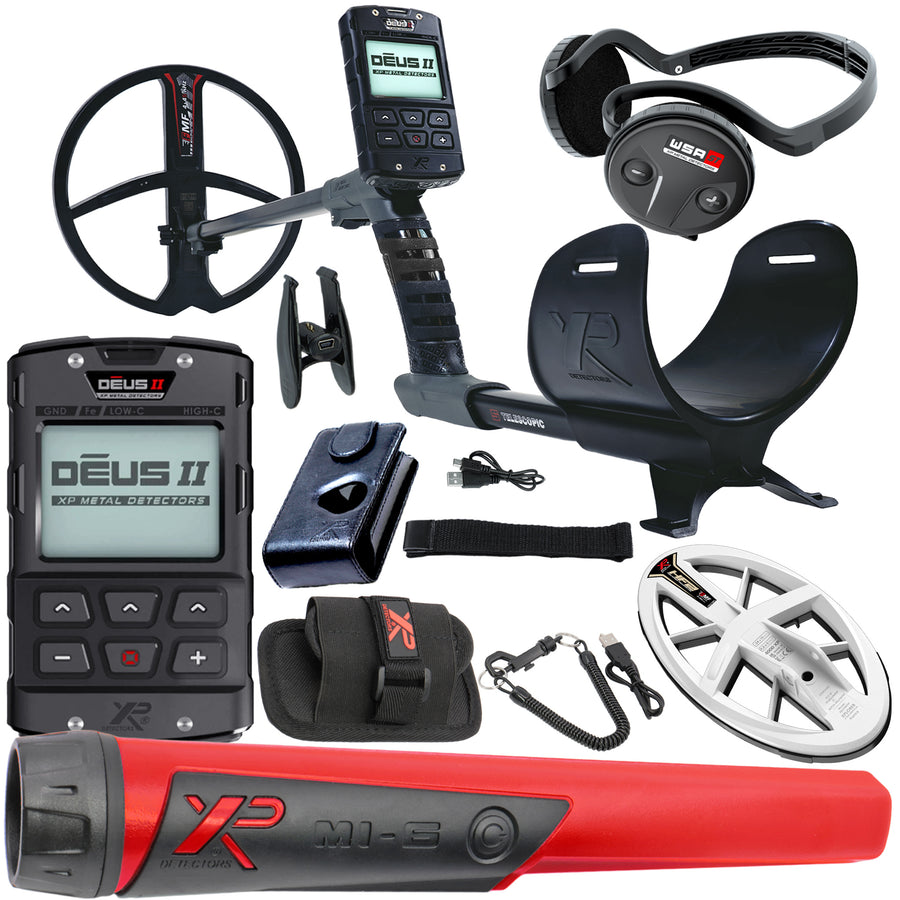 XP Deus II wireless multi-frequency metal detector with 11-inch coil, remote control, WSAST black headphones, read and black pinpointer, white coil and accessories