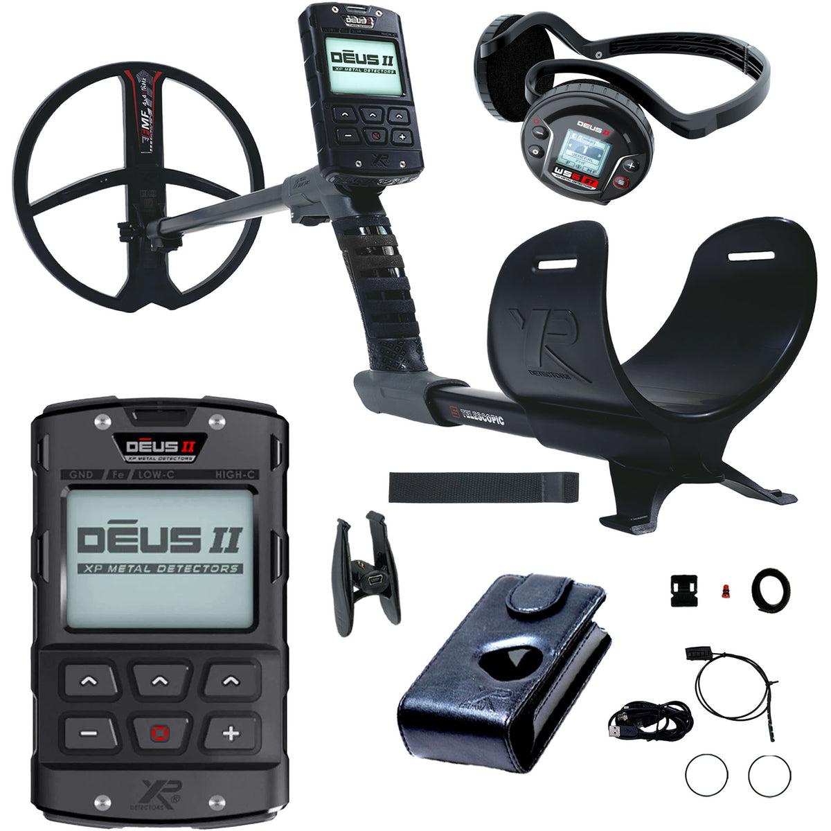 XP Deus II wireless multi-frequency metal detector with remote control, WS6 stereo headphones, and 9-inch FMF search coil