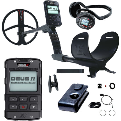XP DEUS II wireless multi-frequency metal detector with 11-inch FMF coil, remote control, and WS6 stereo headphones