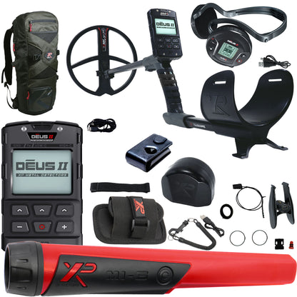 XP Deus II RC + WS6 package contents: 11 in FMF coil, remote, WS6 headphones, S-telescopic stem, armrest, MI-6 pinpointer and Backpack 240