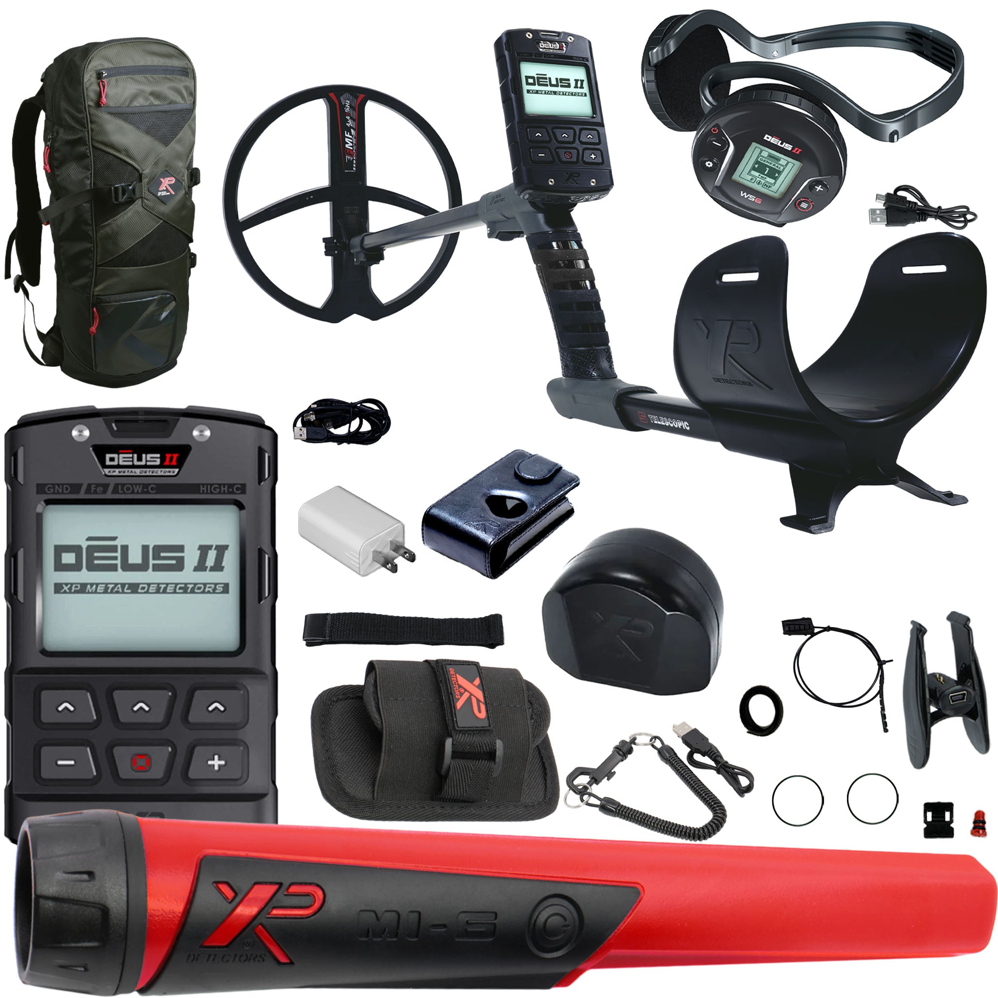 XP DEUS II Fast Multi Frequency RC + WS6 Metal Detector with 11" FMF Search Coil Dive, Pinpointer, & Backpack