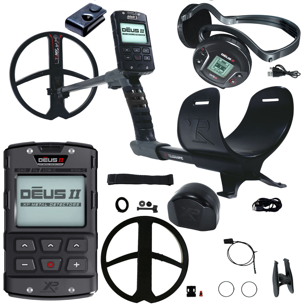 XP DEUS II wireless multi-frequency metal detector with remote control, WS6 headphones, and 11-inch FMF coil.
